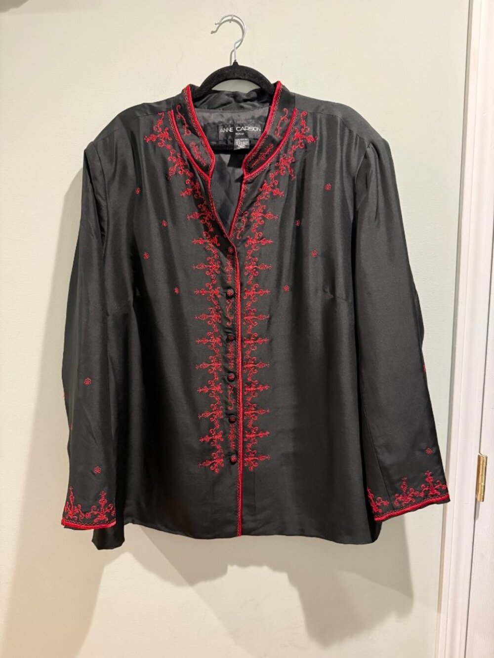VTG Anne Carson 100% Pure Silk Embroidered Blazer Jacket Black Red Size Plus 2X
